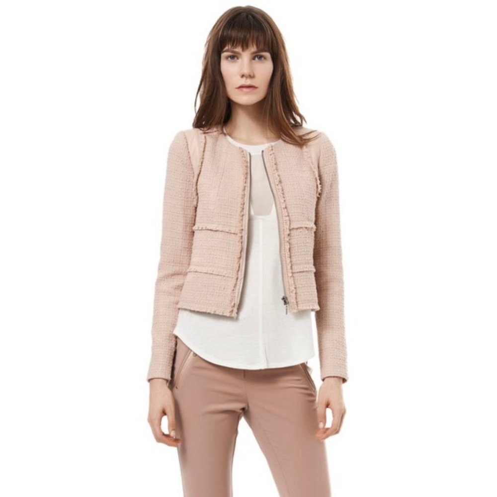 Rebecca Taylor Patched Tweed Leather Jacket Dusty Pink Size 12